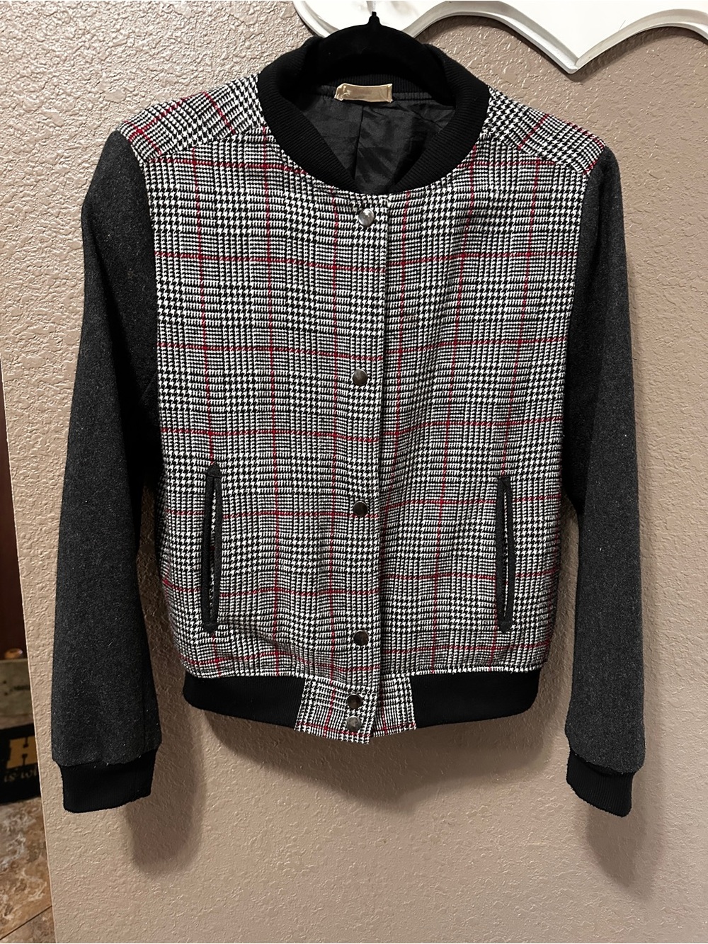 Hummingbird Black & Gray Houndstooth Bomber Jacket with Red Accents